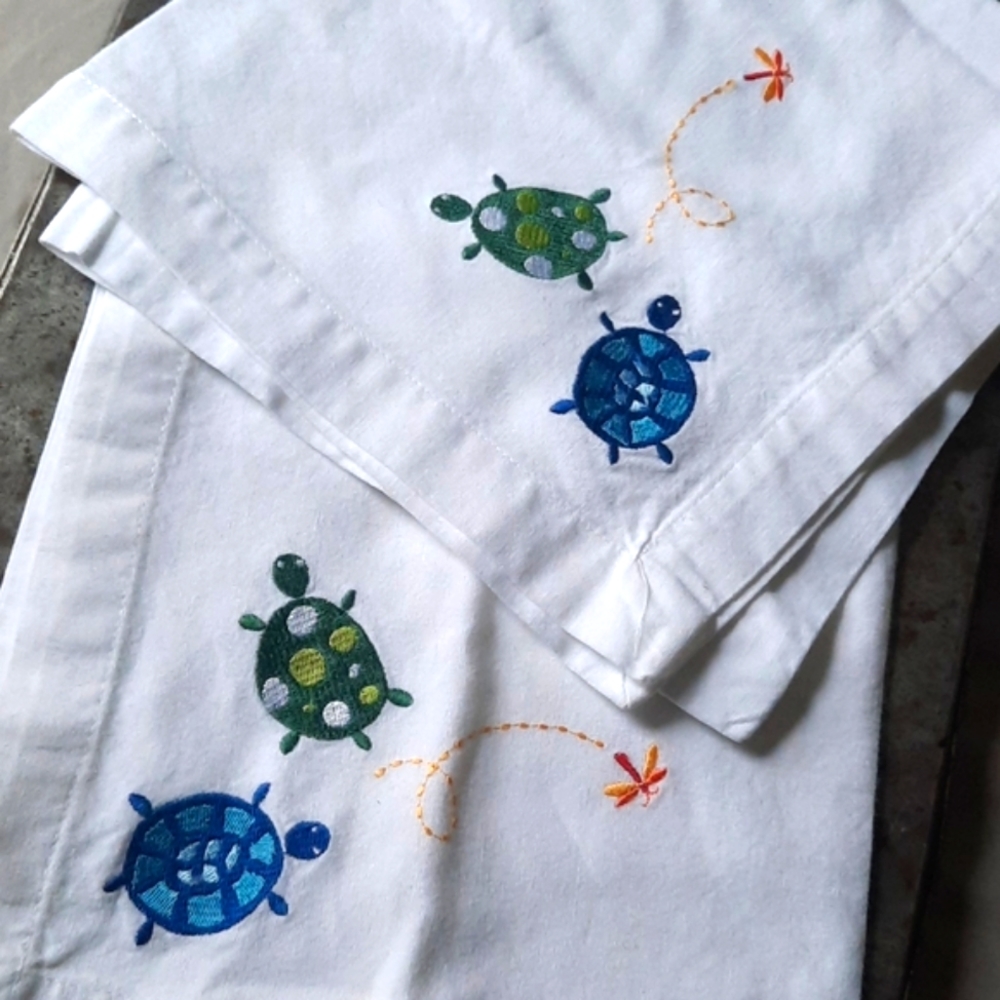 Two large embroidered Turtle and dragonfly napkins